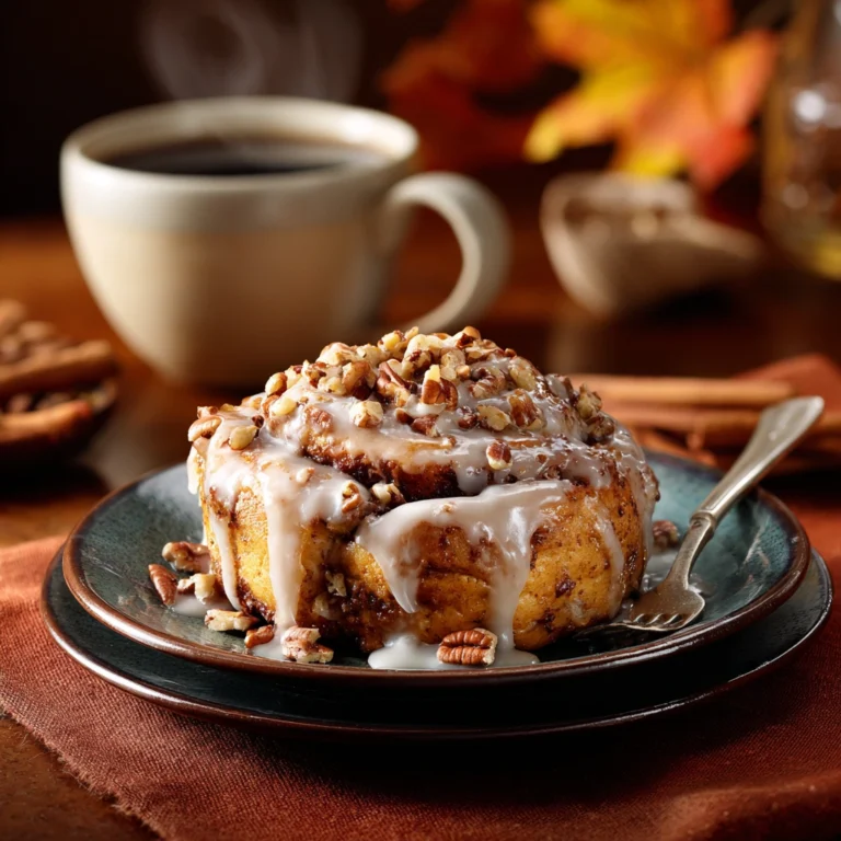 Pumpkin cinnamon roll served with glaze and coffee